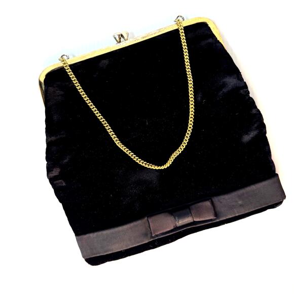 Vintage 1960s Evening Bag Black Velvet Satin Bow Whimsigoth Coquette Girl Formal - Picture 1 of 10